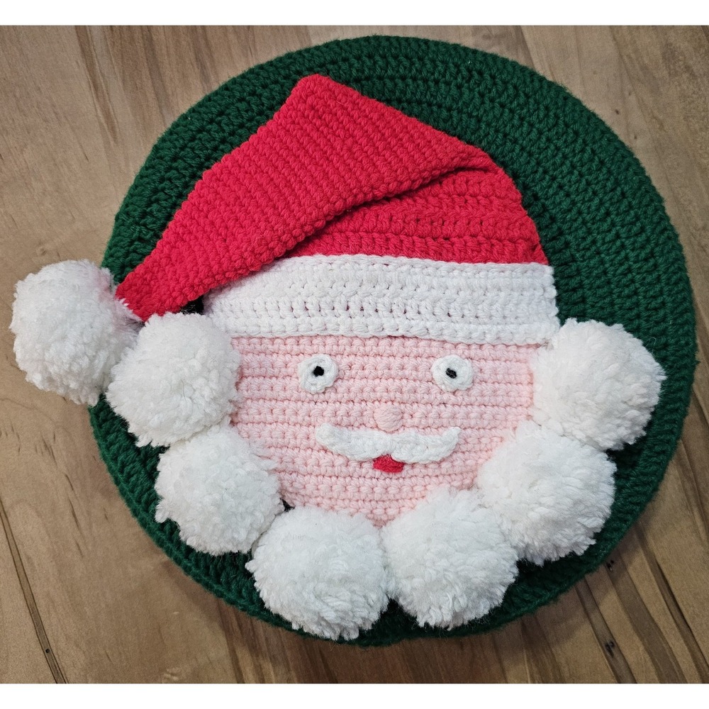 Vintage Handmade 12" Santa Claus‎ Throw Pillow Granny Core Pom Pom Crochet